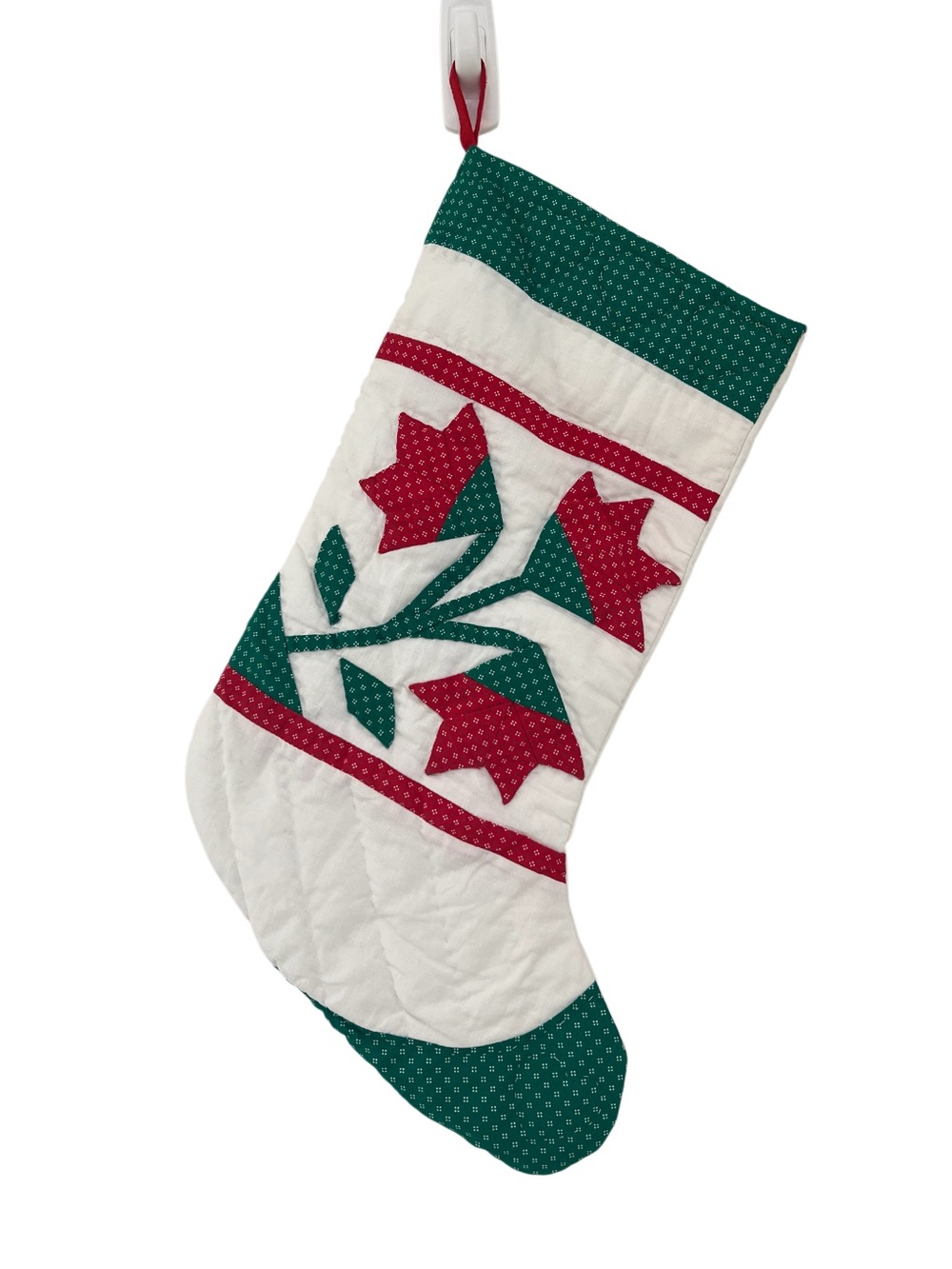 Handmade Quilted Christmas Stocking Floral Appliqué Red Green